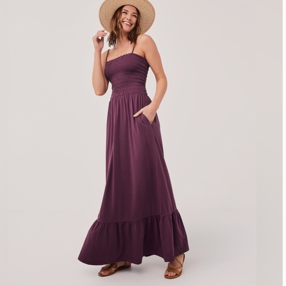 Pact Dresses & Skirts - PACT Organic Cotton Stretch Soirée Smocked Top Burgundy Lux Jersey Maxi Dress